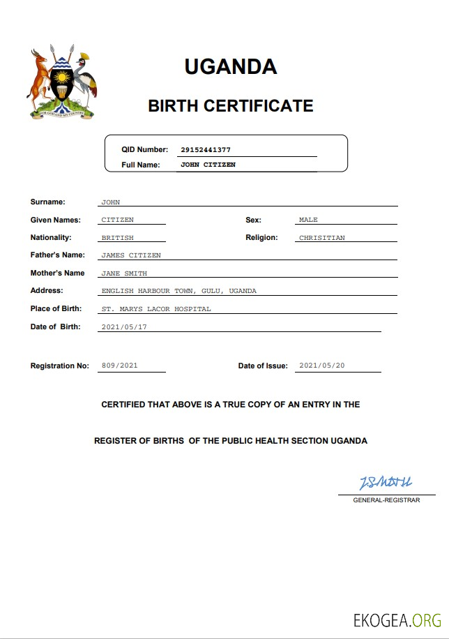 Modèle Word et PDF d'acte de naissance en Ouganda